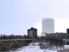 A 17-storey building with 112 residential units, shown here in an illustration, is being proposed by Victory Majors Investment Corporation of Saskatoon and Urban Capital Property Group of Toronto for a location along Broadway Avenue at the top of the Broadway Bridge in Saskatoon, Saskatchewan. (City of Saskatoon)