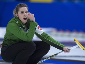 Saskatchewan skip Robyn Silvernagle directs the sweep against Alberta in playoff action at the Scotties Tournament of Hearts at Centre 200 in Sydney, N.S. on Saturday, Feb. 23, 2019.