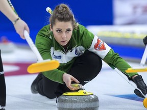 Saskatchewan skip Robyn Silvernagle relaeses a rock as they play Ontario in semifinal action at the Scotties Tournament of Hearts at Centre 200 in Sydney, N.S., on Sunday, Feb. 24, 2019.