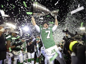 Weston Dressler, then of the Saskatchewan Roughriders, celebrates after the 2013 Grey Cup win in Mosaic Stadium.