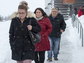 Christina Haugan, left, wife of coach Darcy Haugan who died in the 2018 Humboldt hockey team bus crash, and other family and friends of victims leave after the final arguments in the sentencing hearings for Jaskirat Singh Sidhu, the driver of the truck that collided with the bus carrying the Humboldt Broncos hockey team, at the courthouse in Melfort, Sask., on January 31, 2019. An emotional sentencing hearing for the truck driver who caused the deadly Humboldt Broncos bus crash laid bare the unrelenting pain of family members who lost loved ones in the sudden tragedy. There were heartbreaking accounts of grief and anger, and calls for the maximum prison time possible. But there were also glimmers of compassion, as some including widow Christina Haugan pledged forgiveness and peace.