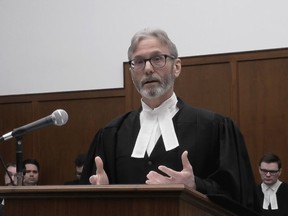 In this image grab, lawyer Mitch McAdam addresses the Saskatchewan Court of Appeal in Regina, Wednesday, Feb.13, 2019. McAdam, a lawyer for Saskatchewan's attorney general, says the provincial government does not dispute climate change. THE CANADIAN PRESS/HO-CBC MANDATORY CREDIT ORG XMIT: SASK102