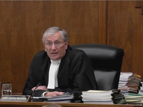 In this image grab, Chief Justice Robert Richards presides over the Saskatchewan Court of Appeal in Regina, Wednesday, Feb.13, 2019. A lawyer for Saskatchewan's attorney general says the provincial government does not dispute climate change. THE CANADIAN PRESS/HO-CBC MANDATORY CREDIT ORG XMIT: SASK101