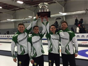 The Kirk Muyres team celebrates on Sunday after winning the Saskatchewan men's curling championship in Whitewood. Left to right are lead Dallan Muyres, second Daniel Marsh, third Kevin Marsh and skip Kirk Muyres.