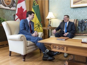 Prime Minister Justin Trudeau and Saskatchewan Premier Scott Moe meet at the Legislative Building in Regina on Friday, March 9, 2018.