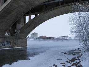 Steam rises from the river between the Broadway and Traffic bridges in Saskatoon, SK on Monday, February 4, 2019.