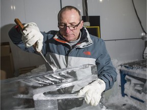 Peter Fogarty, owner of Fire and Ice Creations, demonstrates some processes in carving ice at his shop in Saskatoon on Feb. 15, 2019.
