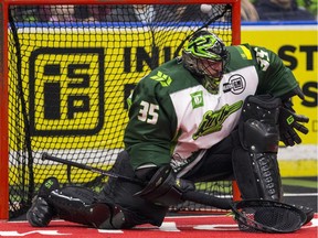Saskatchewan Rush goaltender Evan Kirk can't stop a shot from the Colorado Mammoth during NLL action in Saskatoon, SK on Friday, February 22, 2019.