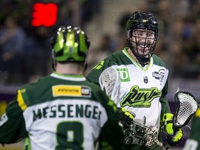 SASKATOON,SK--FEBRUARY 22/2019-0223 Sports Rush- The Saskatchewan Rush celebrate a goal against the Colorado Mammoth during NLL action in Saskatoon, SK on Friday, February 22, 2019.