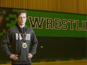 University of Saskatchewan Huskies wrestler Logan Sloan, a U Sports national champion and rookie of the year, stands for a photograph in the U of S wrestling room in Saskatoon on Wednesday, February 27, 2019.