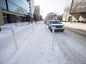 Saskatoon city council's transportation committee endorsed a plan to spend nearly $28 million to add bike lanes and sidewalks over the next decade, including $4.6 million for protected downtown bike lanes, like the temporary ones here on Fourth Avenue on March 1, 2019.