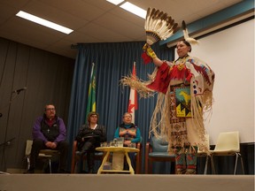 Kimowan Ahenakew dances onstage at the Francis Morrison Library Theatre during a rally in favour of Bill C-262 on Saturday, March 2 in Saskatoon. Bill C-262 supports a United Nations declaration of Indigenous rights made official in 2007.