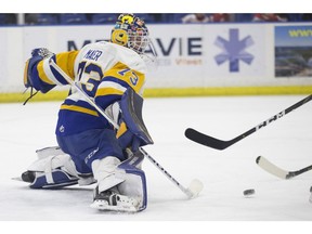 Blades goalie Nolan Maier goes to save the puck during the game at SaskTel centre in Saskatoon, Sk on Sunday, March 10, 2019.