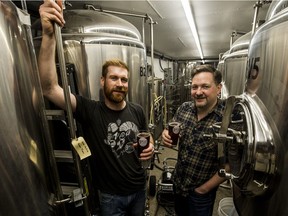 9 Mile co-founders Garrett Pederson and Shawn Moen show off their Oscar the Red, a special brew for St. Patrick's Day in Saskatoon, SK. on Friday, March 15, 2019.
