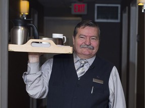After 50 years, Sheraton bellhop Dan Cardinal is retiring. Cardinal stands for a portrait inside the lobby  in Saskatoon, Sk on Thursday, March 21, 2019.