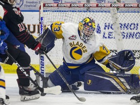 Saskatoon Blades goalie Nolan Maier stops a shot fro the Moose Jaw Warriors during first period WHL playoff action at SaskTel Centre in Saskatoon on Friday, March 22, 2019.