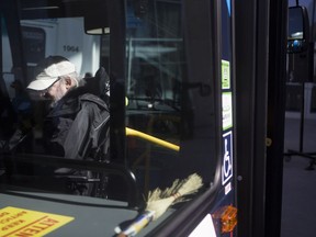 J.D. McNabb tests out a wheel chair accessible buss during an announcement for another accessibility milestone for Saskatoon Transit at TCU Place in Saskatoon, Sk on Thursday, March 28, 2019.