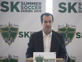 Event promoter Joe Belan speaks during the announcement for the SK Summer Soccer Series in Saskatoon on Thursday, March 28, 2019.