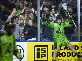 Rush fans erupt after Saskatchewan's Ryan Keenan scores a goal Saturday night during a win over Vancouver.
