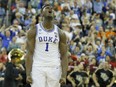 Zion Williamson #1 of the Duke Blue Devils celebrates with his teammates after defeating the UCF Knights in the second round game of the 2019 NCAA Men's Basketball Tournament at Colonial Life Arena on March 24, 2019 in Columbia, South Carolina.