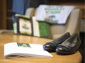 A copy of the 2019-20 budget book, alongside Finance Minister Donna Harpauer's new shoes for the occasion.