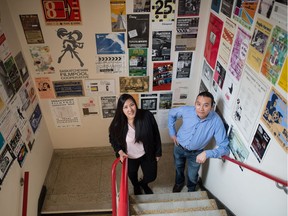 Filmmakers Candy Fox, left, and Chris Tyrone Ross stand in the stairwell at the Saskatchewan Film Pool on Scarth Street.