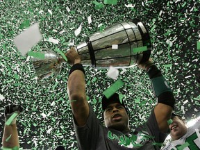 Kerry Joseph, shown celebrating the Saskatchewan Roughriders' Grey Cup victory in 2007, has some advice for newly signed quarterback Vince Young.