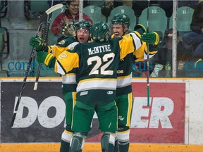 The Humboldt Broncos celebrate after Mitch Zambon scores the team's second goal during Monday's playoff game against the visiting Estevan Bruins.