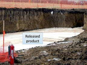 A Transportation Safety Board photo of a pit filled with a crude oil condensate blend released after an Enbridge pipeline was punctured on Feb. 17, 2017. The breach is the subject of a $29.5 million lawsuit, which Enbridge filed in Edmonton on Feb. 15, 2019.