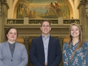 Second year Saskatchewan medical students Alisha Beler, from left, Samuel Simonson and Laura Witt attend the Legislative Building in Regina.  The group meet with Minister of Health Reiter calling for universal coverage for Mifegymiso. TROY FLEECE / Regina Leader-Post