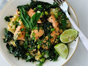 Salmon bowl with greens in miso coconut broth (Renee Kohlman)