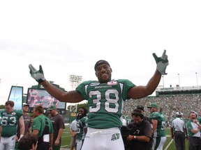 Tristan Jackson, shown here celebrating a Riders record after returning a missed field goal 129 yards for a touchdown, officially retired on Thursday.