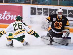 Humboldt Broncos forward Brayden Camrud (26) battles in front of net during first period SJHL hockey action against the Nipawin Hawks in Humbolt, Sask., on Wednesday, Sept. 12, 2018. The rebuilt Humboldt Broncos hockey team are headed to the playoffs.