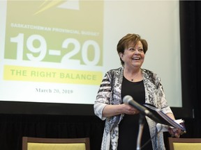 Saskatchewan Finance Minister Donna Harpauer speaks with reporters in Regina last week.