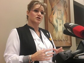 Manitoba Advocate For Children And Youth Daphne Penrose addresses a news conference in Winnipeg, Friday, Oct.19, 2018. The Manitoba children's advocate will release a highly anticipated report today detailing their investigation into the death of a First Nations girl whose body was found in the Red River.