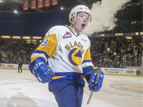 Saskatoon Blades forward Riley McKay celebrates a goal against the Moose Jaw Warriors during third period of WHL playoff action at SaskTel Centre in Saskatoon on Friday, March 22, 2019.