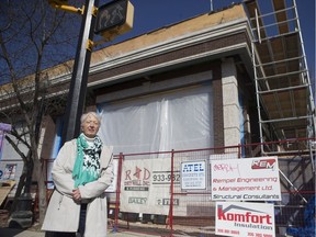 Peggy Sarjeant, an advocate for heritage buildings, stands on Broadway Avenue at the former site of the Farnam Block in Saskatoon on April 4, 2019.
