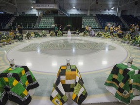 People have begun gathering prior to the Humboldt Broncos First Year Memorial service at Elgar Petersen Arena in Humboldt, Sask. on Saturday, April 6, 2019.