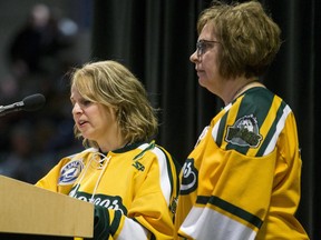 Celeste Leray-Leicht and Carol Brons offer thanks on behalf of the families during the Humboldt Broncos memorial service at Elgar Petersen Arena in Humboldt, SK on Saturday, April 6, 2019.