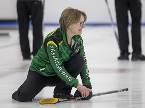 Team Saskatchewan second June Campbell smiles after a good rock against Team B.C., during the gold-medal game at the Canadian masters curling championship at the Nutana Curling Club.