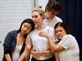 Megan Zong, S.E. Grummett, Connor Brousseau, and Krystle Pederson rehearse for Sum Theatre's new production about healthy sexual relationships titled #consent, running in Saskatoon from April 4-15 in various public spaces around the city.