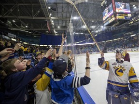 Saskatoon Blades goalie Nolan Maier gives a stick out to the fans as he is award the first star of the night after he and his team defeated the Prince Albert Raiders in WHL playoff action at SaskTel Centre in Saskatoon on Wednesday, April 10, 2019. Blades won 4-1 to tie the series at two games each.