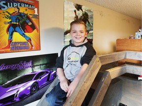 Nate Starycki, 11, lives with intestinal failure. He is currently on a donor list, but the situation is dire. Nate's room is decorated with posters and models of his favourite vehicles on their farm near Maymont SK., on Friday, April 12, 2019.