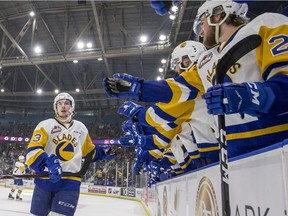 Ryan Hughes, shown here celebrating a goal, is one of seven players from the Saskatoon Blades who are entering their overage season in the WHL.