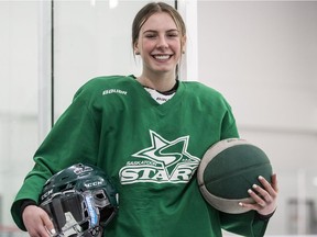 Kaitlin Jockims, a two-sport athlete who plays hockey and basketball at a very high level, will be playing in the Telus Cup next week in Sudbury, Ont., with the Saskatoon Stars.