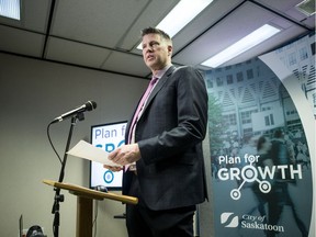 Jay Magus, director of transportation for City of Saskatoon, speaks during a media event on bus rapid transit and the downtown cycling network at city hall in Saskatoon, SK on Wednesday, April 17, 2019.