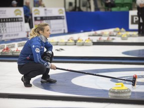 Silvana Tirinzoni places her broom on the ice during the World Curling Tour Champions Cup at Merlis Belsher Place in Saskatoon, Sk on Thursday, April 25, 2019.