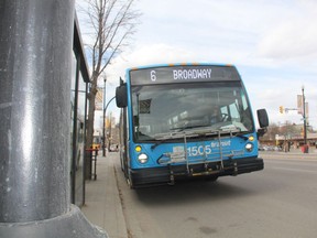 A Saskatoon Transit bus rolls down Broadway Avenue in Saskatoon on Friday, April 26, 2019. Some business owners in the Broadway area are worried proposed bus lanes on the street may be problematic for business.