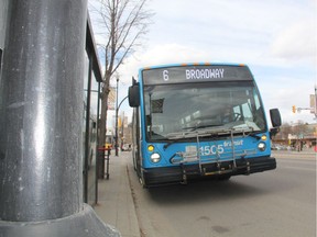 A Saskatoon Transit bus rolls down Broadway Avenue in Saskatoon on Friday, April 26, 2019. Some business owners in the Broadway area are worried proposed bus lanes on the street may be problematic for business.