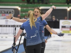 SASKATOON,SK--April 28 0428-NEWS-Curling-  Alina Paetz (L), who throws fourth rocks for Silvana Tirinzoni, celebrates with lead Melanie Barbezat after winning the World Curling Tour Champions Cup womens final at Merlis Belsher Place in Saskatoon, Sk on Sunday, April 28, 2019.